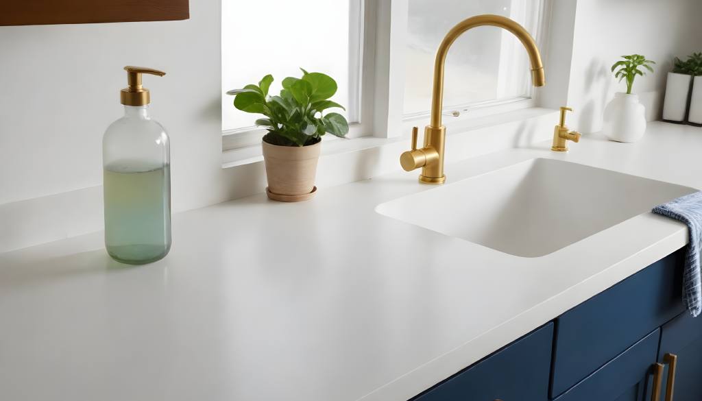 White laminate kitchen countertop with blue cabinets